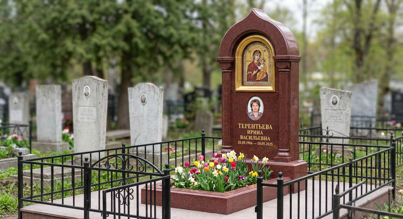 Пример дизайна: Гранитный памятник фигурный с гравировкой каллы и оградой — фото и цена