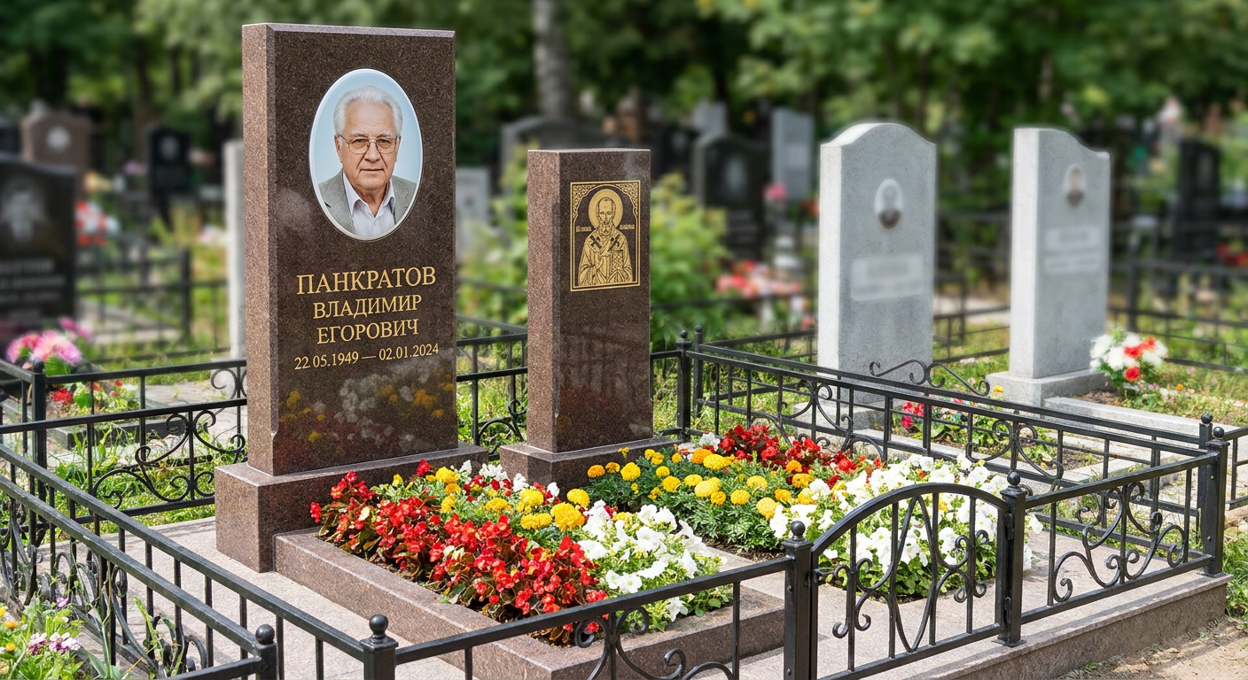 Пример дизайна: Комбинированный памятник фигурный из красного гранита с цветником — фото и цена