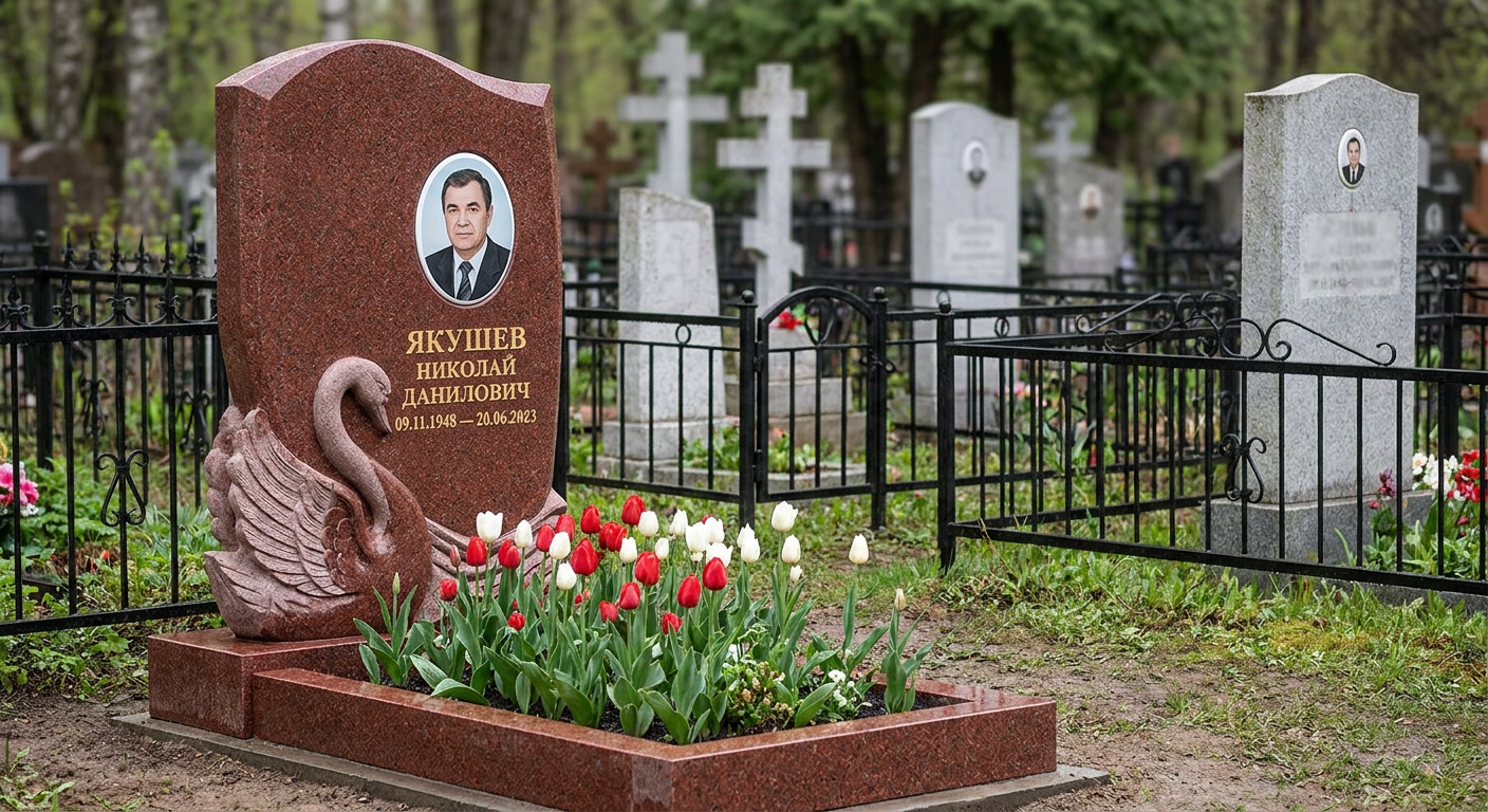 Пример дизайна: Памятник с лебедем из лезниковского гранита с фотопортретом