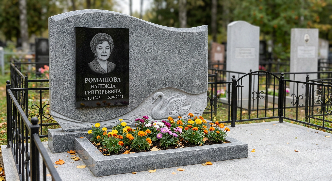Пример дизайна: Памятник с лебедем из мансуровского гранита с волнообразной стелой