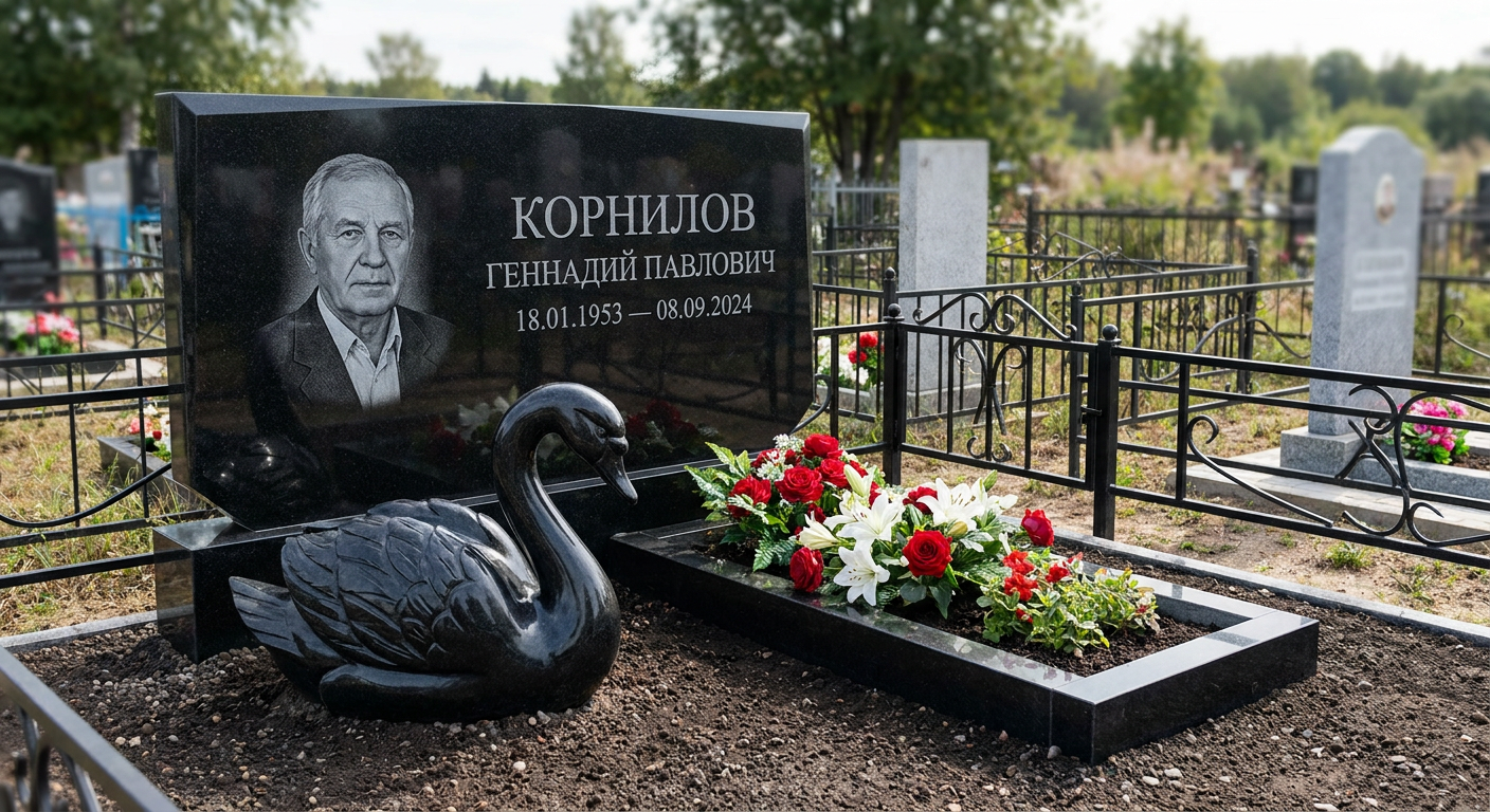 Пример дизайна: Памятник с лебедем и цветником из габбро-диабаза с портретом