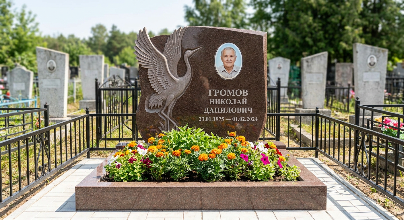 Пример дизайна: Памятник с журавлем из дымовского гранита с портретом