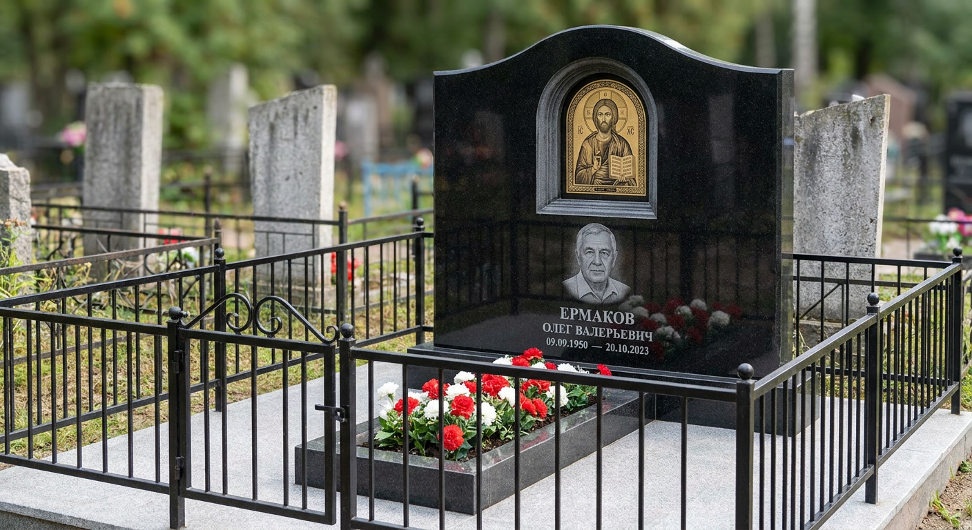Пример дизайна: Памятник с иконой христа из черного габбро-диабаза с аркой