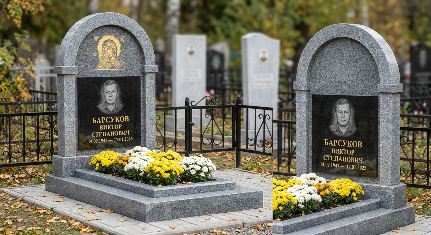 Пример дизайна: Памятник с иконой богородицы из мансуровского гранита с аркой и черной вставкой