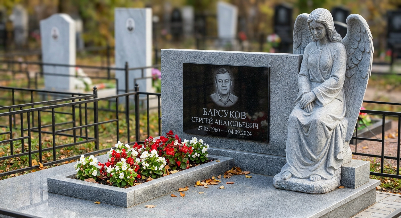 Пример дизайна: Памятник с крылом ангела из серого гранита Мансуровский с портретом