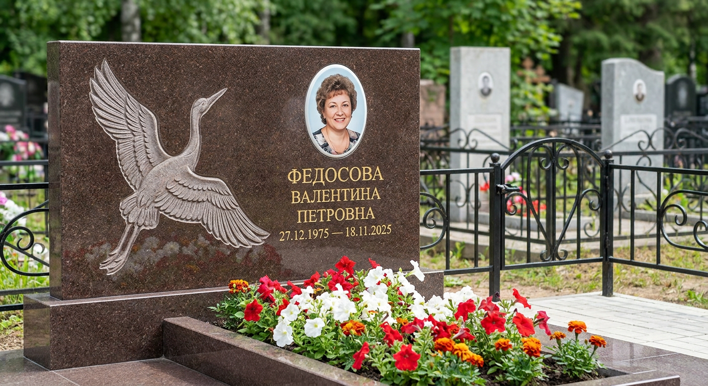 Пример дизайна: Памятник с журавлиным клином из дымовского гранита с портретом