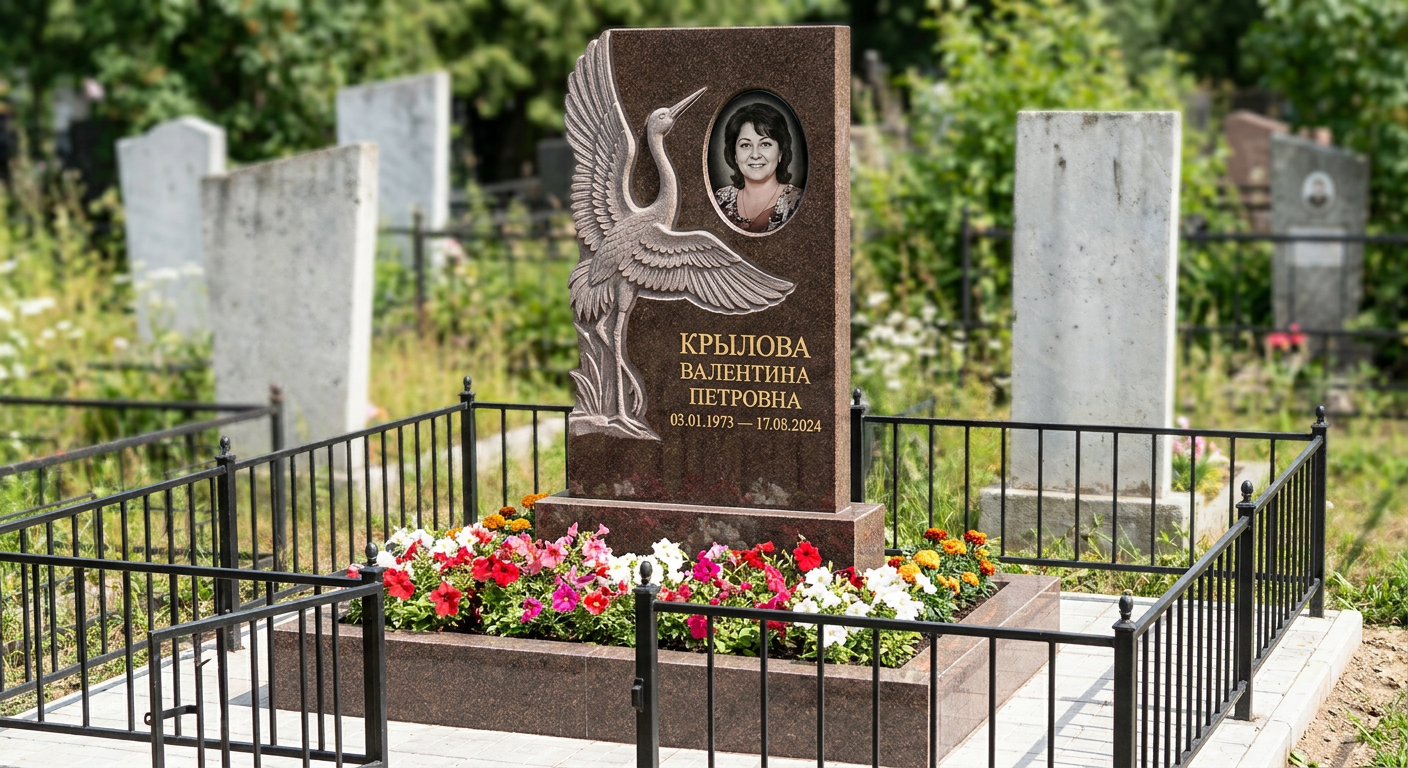 Пример дизайна: памятник с журавлями и портретом из дымовского гранита с фигурной стелой