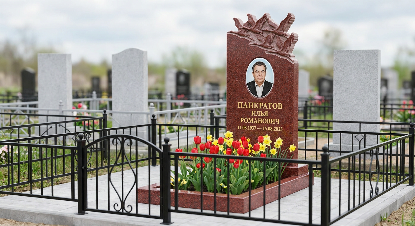 Пример дизайна: памятник с журавлями из красного гранита лезниковский с портретом