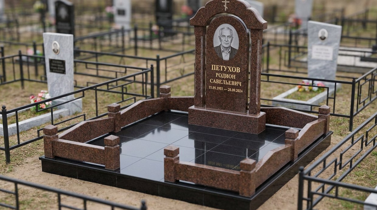 Пример дизайна: Комбинированный памятник с арочным верхом с крестом — фото и цена
